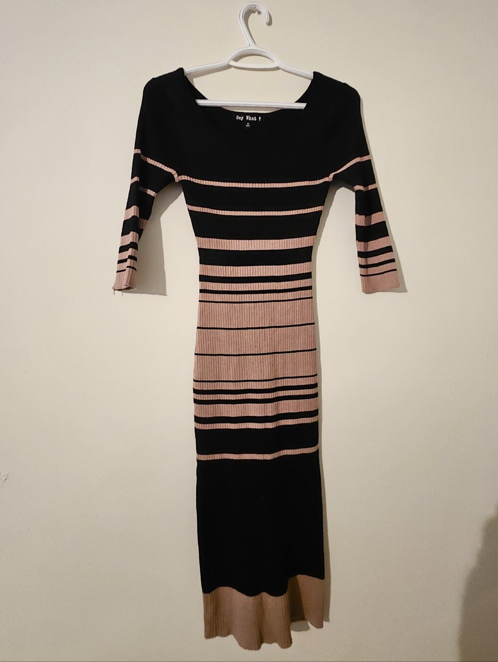 Say What? Black & Tan Striped Ribbed Midi Dress